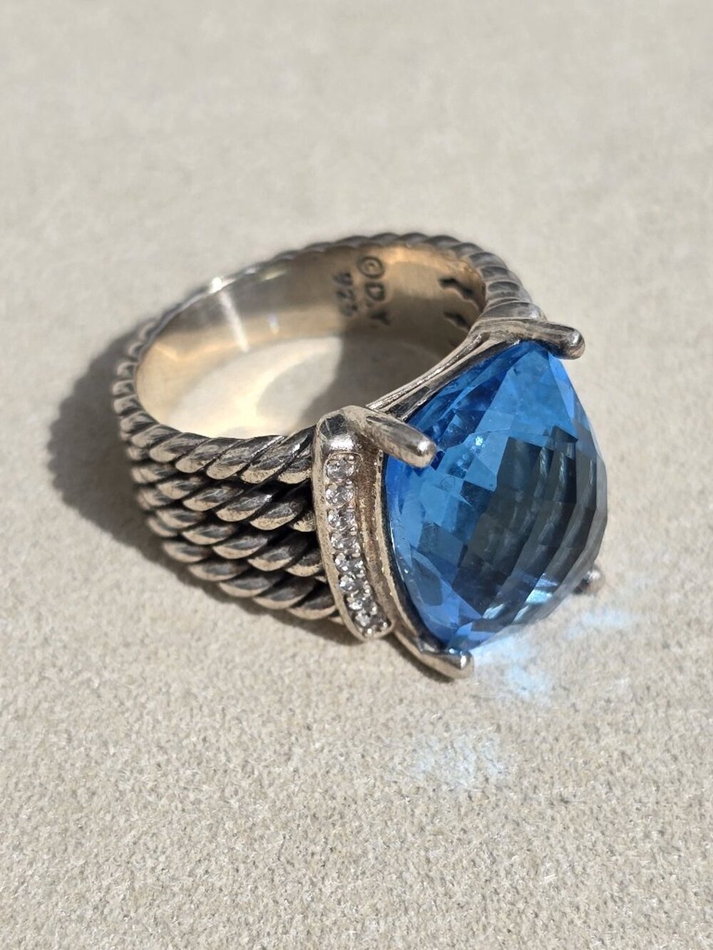 David Yurman Wheaton 925 Sterling silver Ring Blue Topaz & Diamond size 8